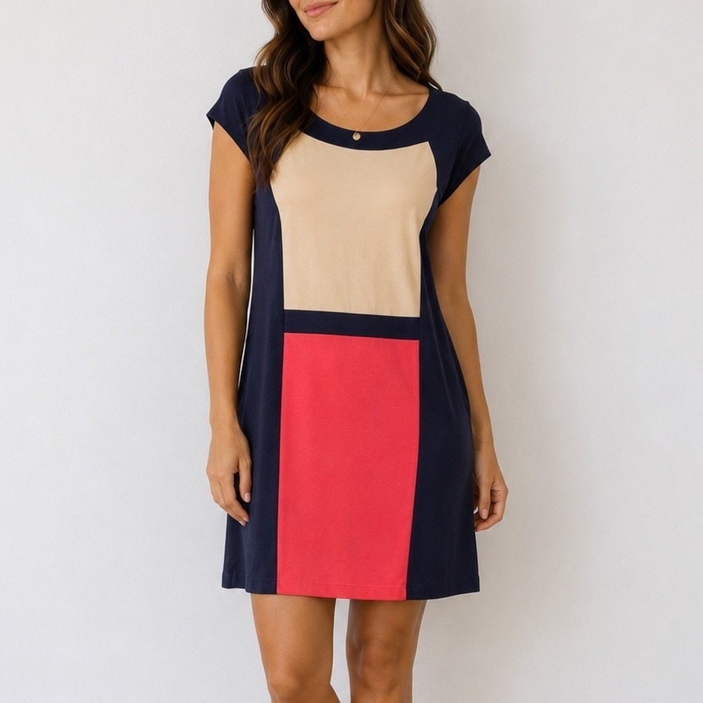 DressBarn Colorblock Sheath Dress Size 8 Navy‎ Coral Career Office Rayon Blend